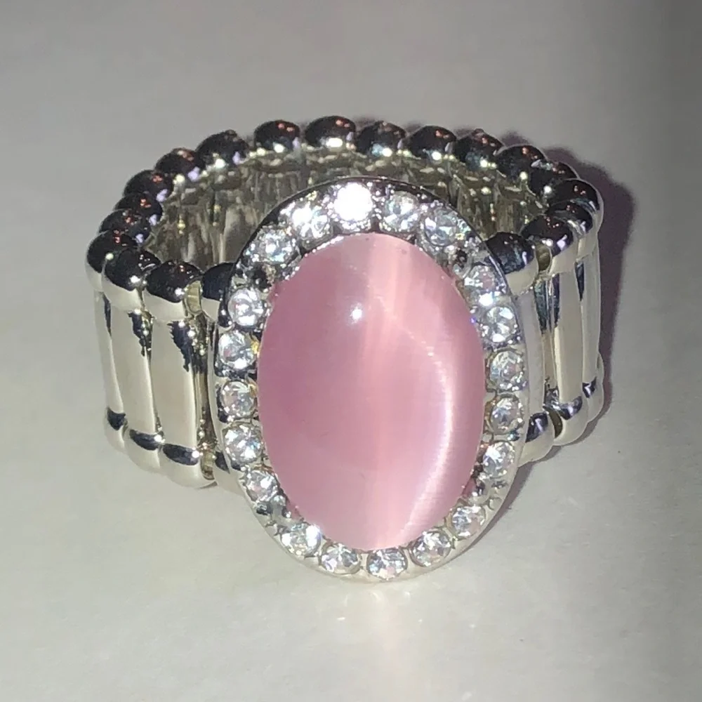Silver Tone Ring with Pink Cat's Eye Center and Crystal Halo